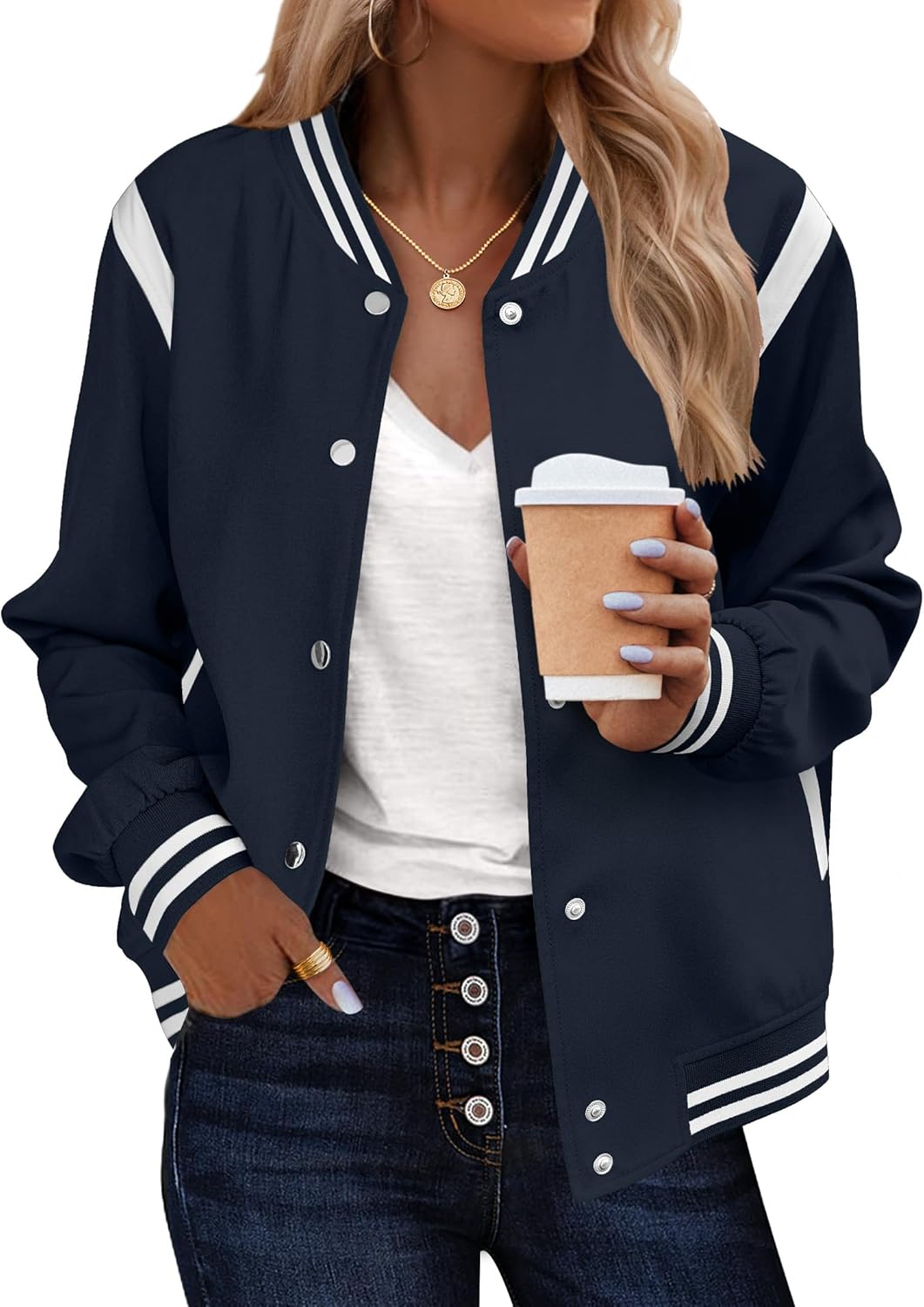 Zeagoo Bomber Jacket Women Varsity Casual Button Down Lightweight 2025 Fall Fashion Short School Outfits with Pockets