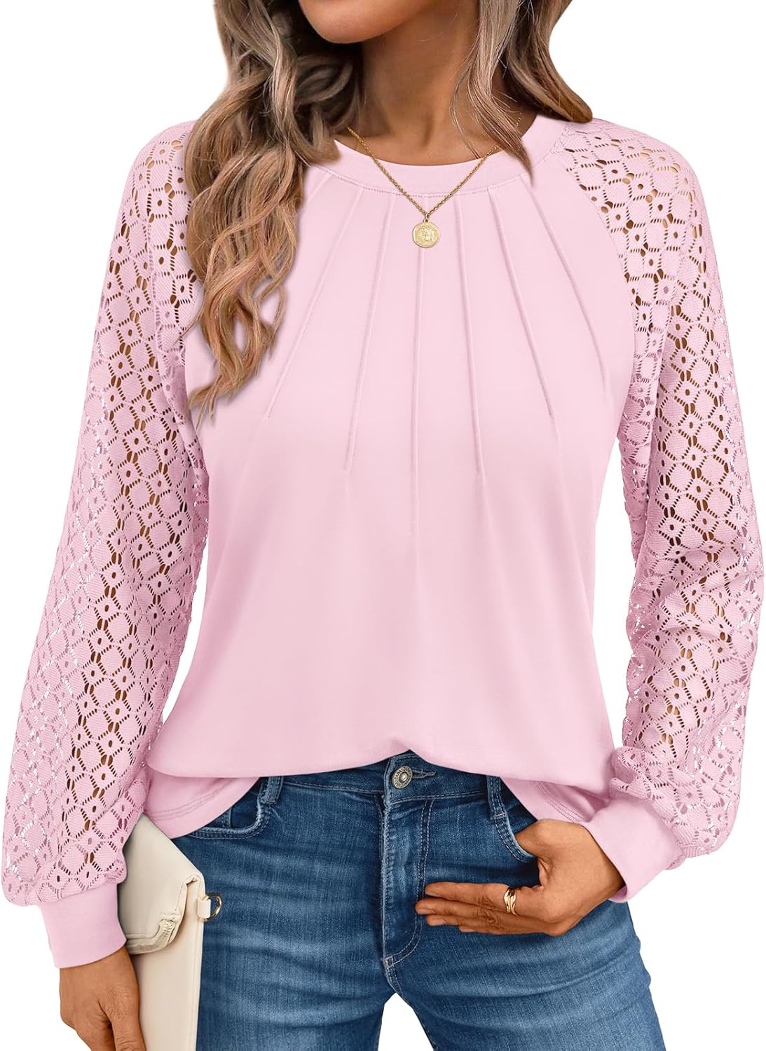 AUTOMET Womens Long Sleeve Shirts Pleated Lace Tops Fall Fashion Outfits Business Casual Blouses