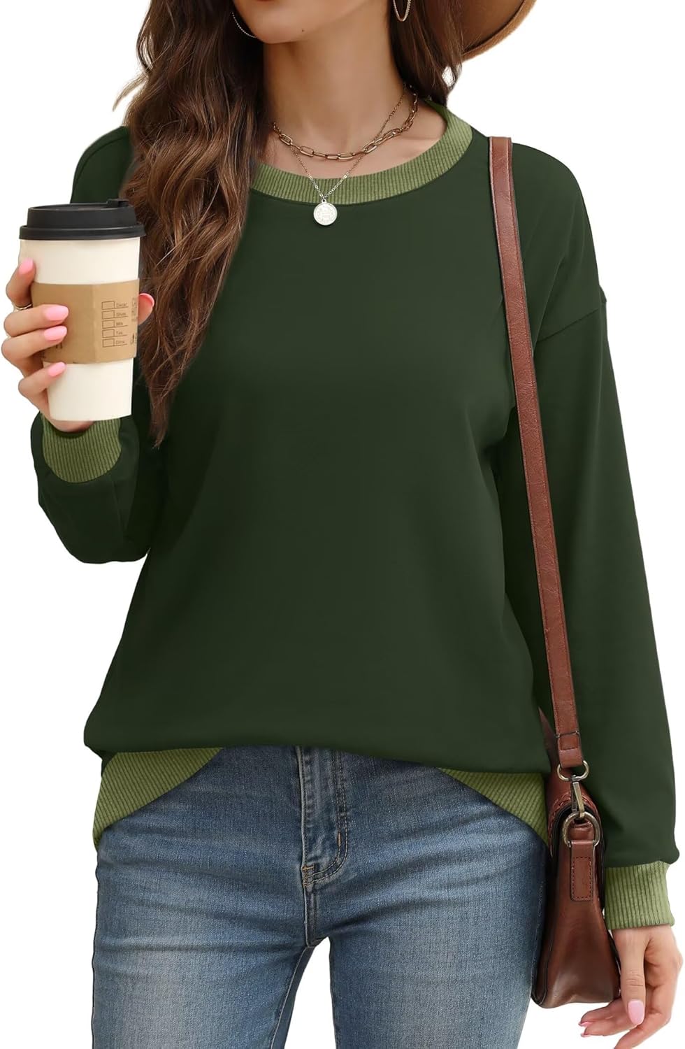 WIHOLL Sweatshirts for Women Crewneck Long Sleeve Loose Fit Sweaters Color Block Ribbed Trim Womens Tops Fall Fashion 2025