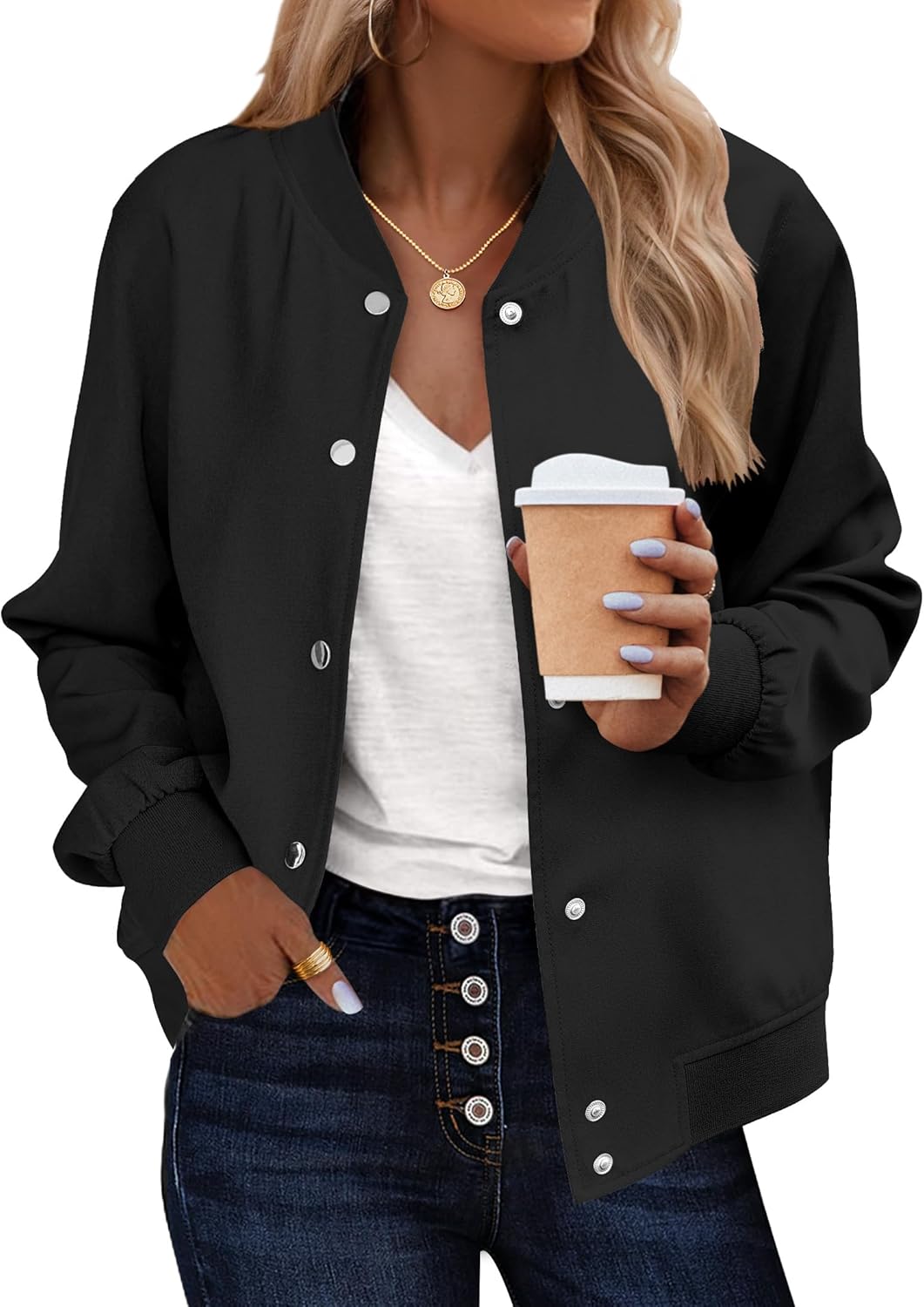 Zeagoo Bomber Jacket Women Varsity Casual Button Down Lightweight 2025 Fall Fashion Short School Outfits with Pockets