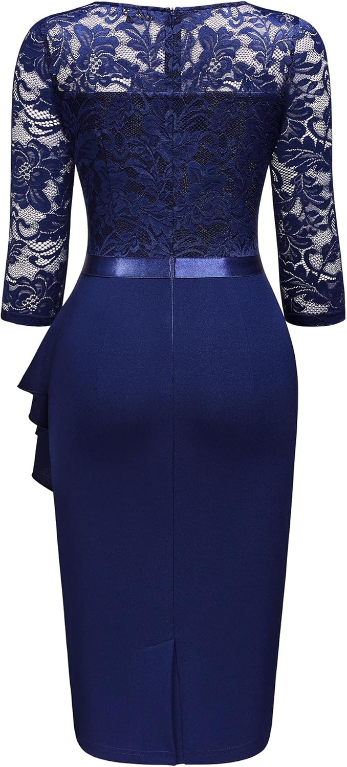 Miusol Women's Retro V Neck Floral Lace Ruffle Style Cocktail Party Dress