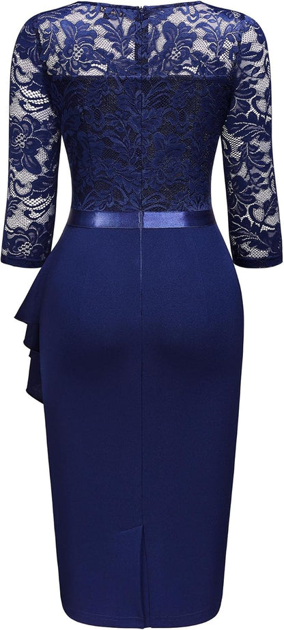Miusol Women's Retro V Neck Floral Lace Ruffle Style Cocktail Party Dress