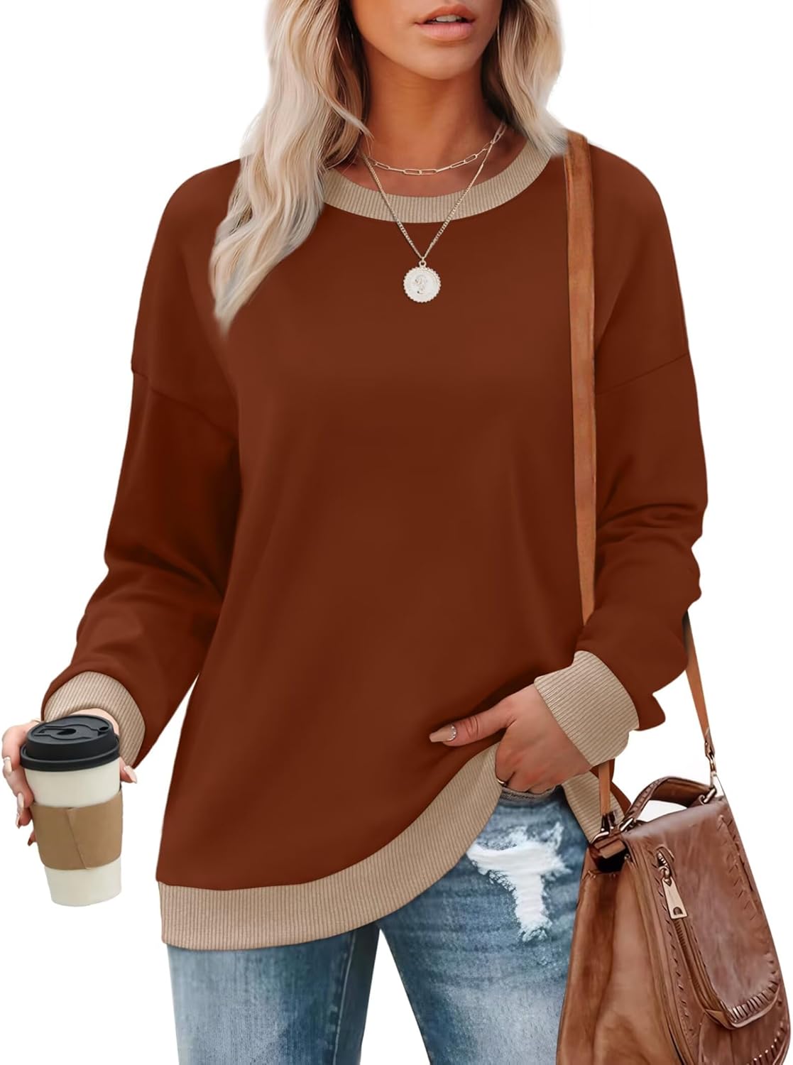 WIHOLL Sweatshirts for Women Crewneck Long Sleeve Loose Fit Sweaters Color Block Ribbed Trim Womens Tops Fall Fashion 2025