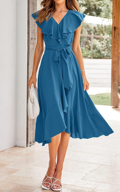 PRETTYGARDEN Women's 2025 Summer Cross Midi Dress Casual Boho Deep V Neck Short Sleeve Ruffle Hem Split Beach Long Dresses