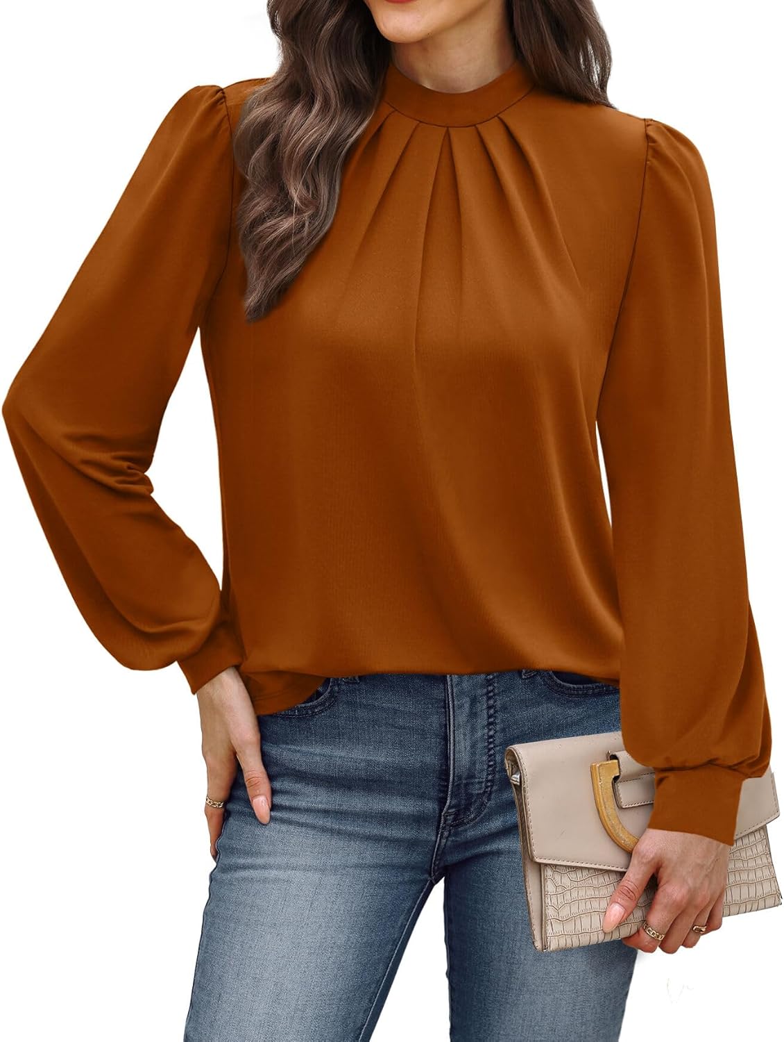 WIHOLL Long Sleeve Shirts for Women Mock Neck Tops Pleated Front Blouses Dressy Casual Fall Clothes 2025 Fashion