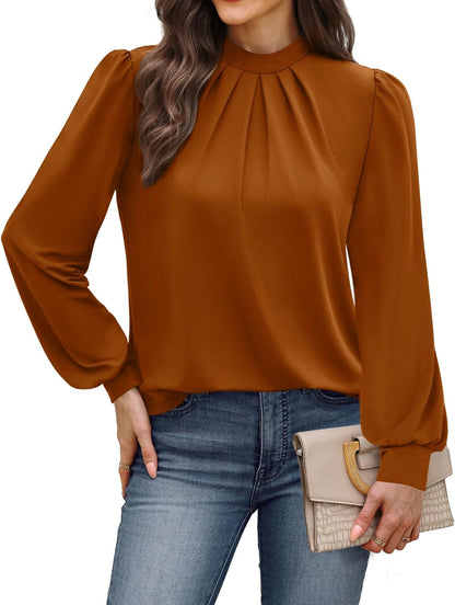 WIHOLL Long Sleeve Shirts for Women Mock Neck Tops Pleated Front Blouses Dressy Casual Fall Clothes 2025 Fashion