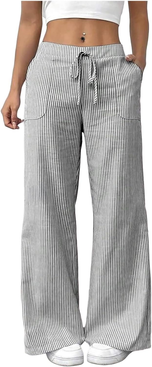 Women's Fashion Striped Cotton Linen Pants Casual Drawstring Waist Wide Leg Pants 2025 Trendy Baggy Beach Trousers