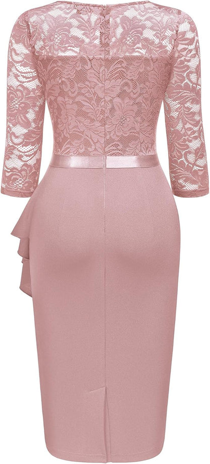 Miusol Women's Retro V Neck Floral Lace Ruffle Style Cocktail Party Dress