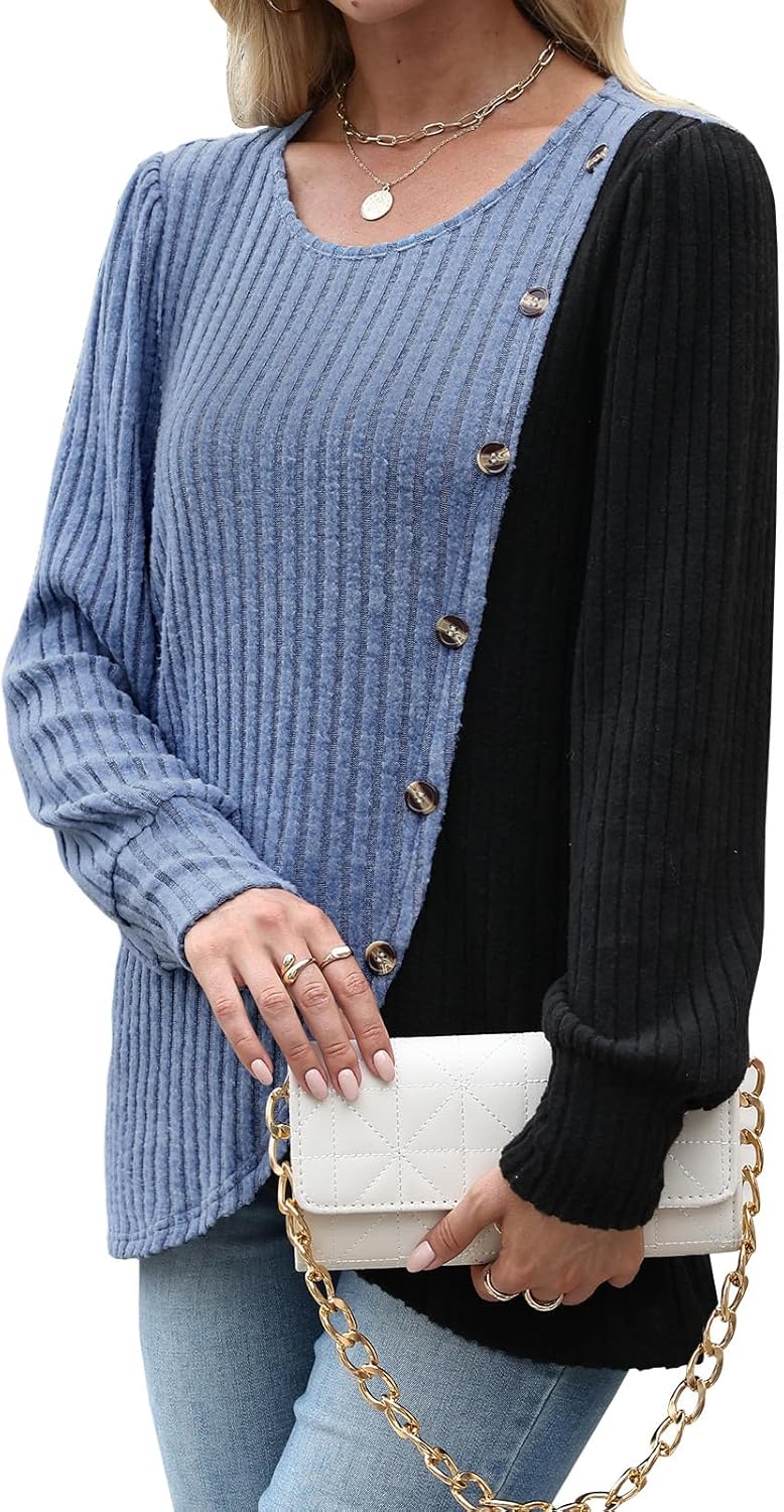 MixShe Womens Knit Sweaters 2025 Fall Winter Casual Long Sleeve Ribbed Colorblock Button Pullover Tops