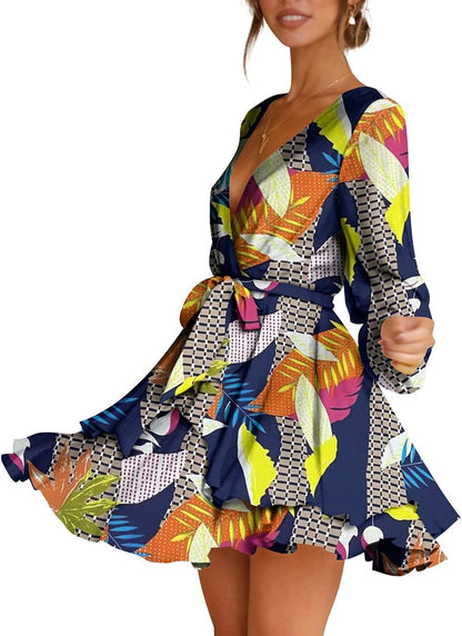 Cosonsen Women's Dress Deep V-Neck Long Sleeve Waist Tie Ruffle Mini Swing Skater Dresses