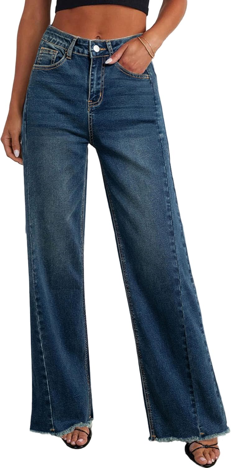 PRETTYGARDEN Wide Leg Jeans for Women Trendy 2025 High Waisted Stretchy Baggy Raw Hem Denim Palazzo Pants with Pockets