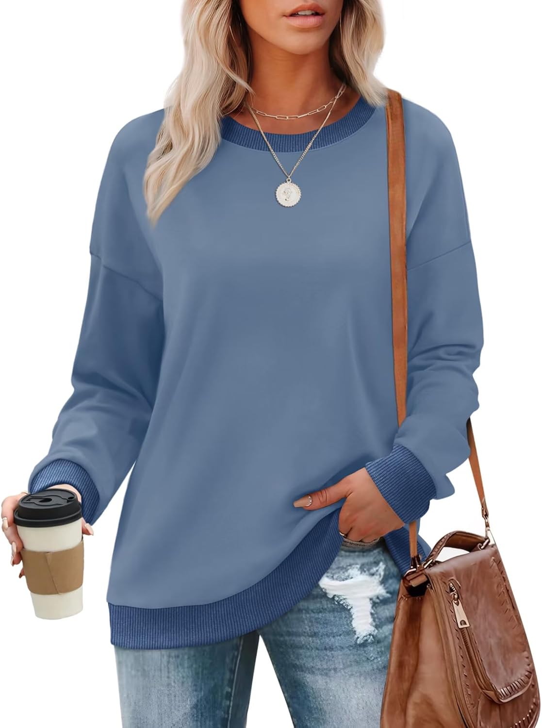 WIHOLL Sweatshirts for Women Crewneck Long Sleeve Loose Fit Sweaters Color Block Ribbed Trim Womens Tops Fall Fashion 2025