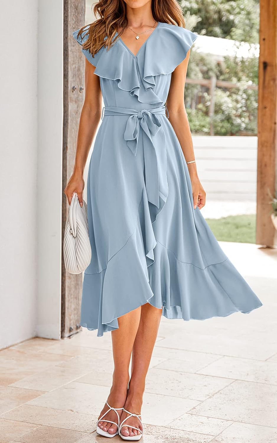 PRETTYGARDEN Women's 2025 Summer Cross Midi Dress Casual Boho Deep V Neck Short Sleeve Ruffle Hem Split Beach Long Dresses