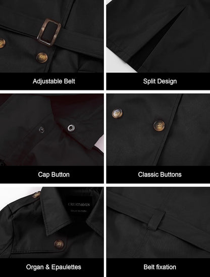 CREATMO US Women's Trench Coat Double-Breasted Classic Lapel Overcoat Belted Slim Outerwear Coat with Detachable Hood