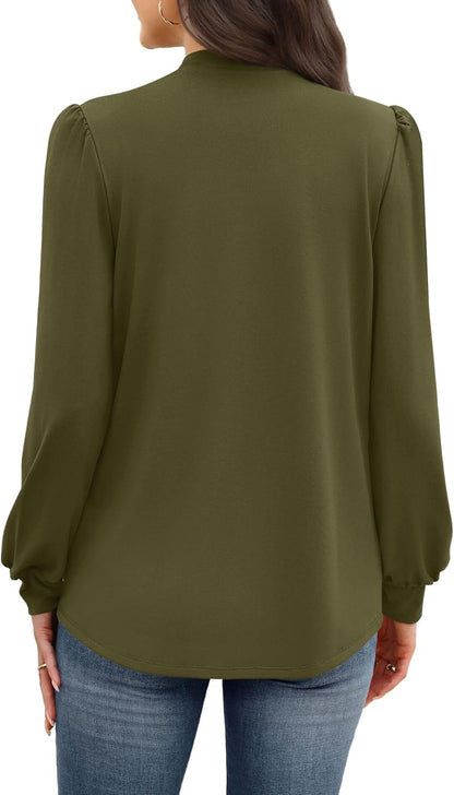WIHOLL Long Sleeve Shirts for Women Mock Neck Tops Pleated Front Blouses Dressy Casual Fall Clothes 2025 Fashion