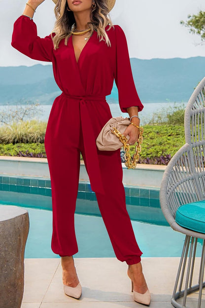 PRETTYGARDEN Women's Fall Jumpsuits Dressy Casual Pants Romper Spring Long Sleeve V Neck Belt Pockets One Piece Outfits