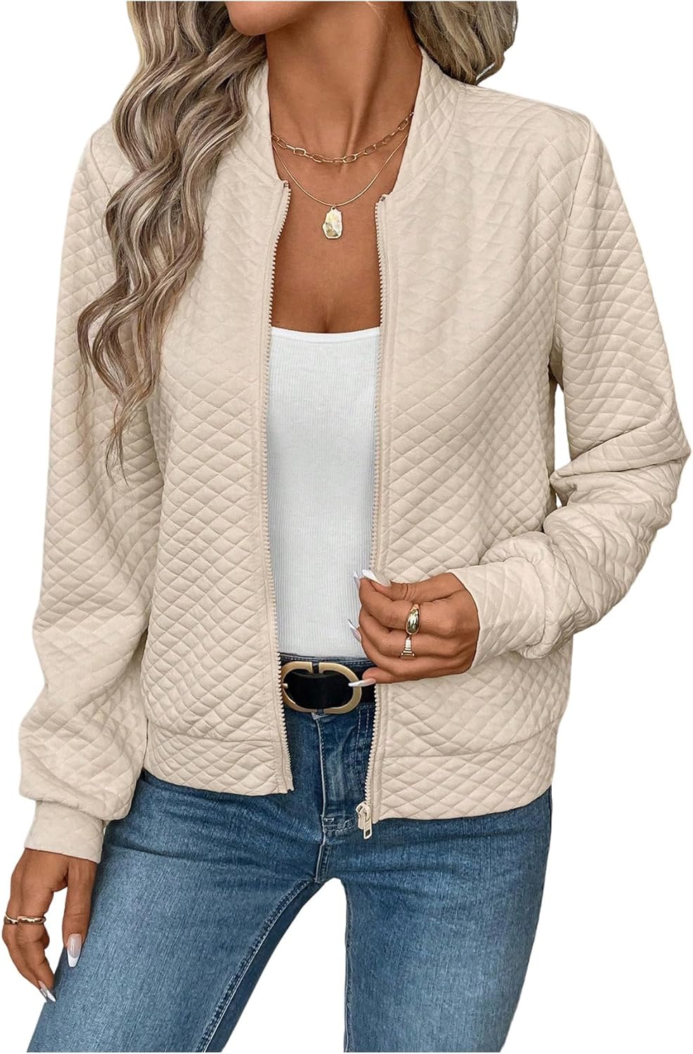 Verdusa Women's Zip Up Textured Lightweight Bomber Jacket Casual Long Sleeve Outerwear