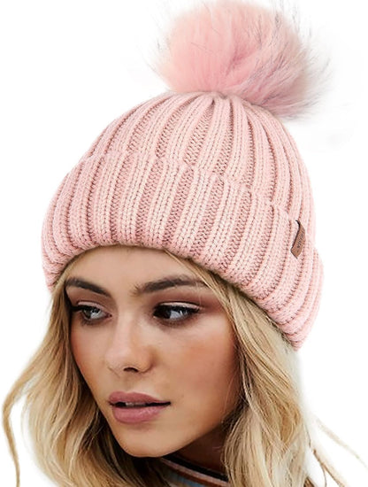 Beanie Hat with Faux Fur Pom