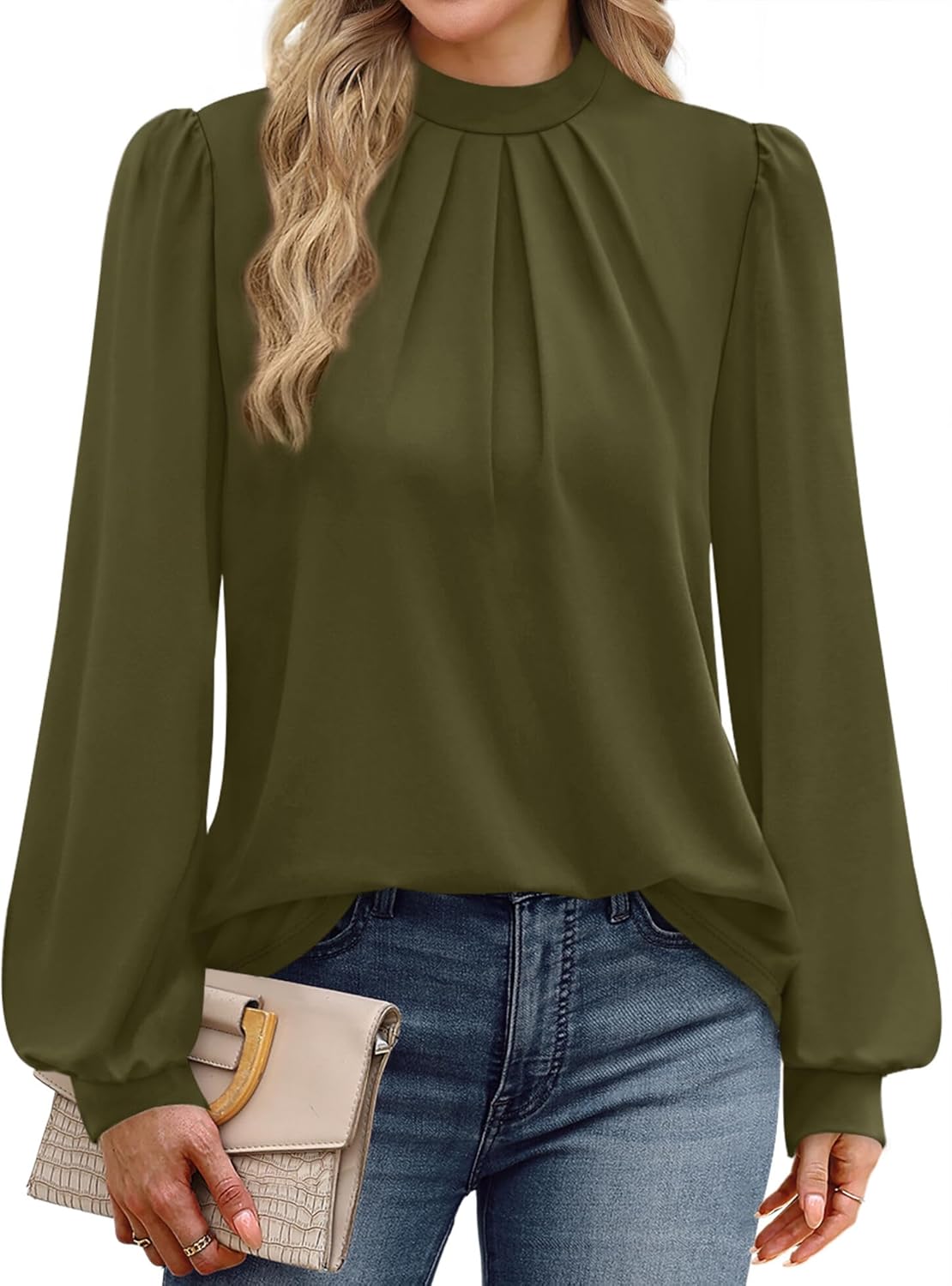 WIHOLL Long Sleeve Shirts for Women Mock Neck Tops Pleated Front Blouses Dressy Casual Fall Clothes 2025 Fashion