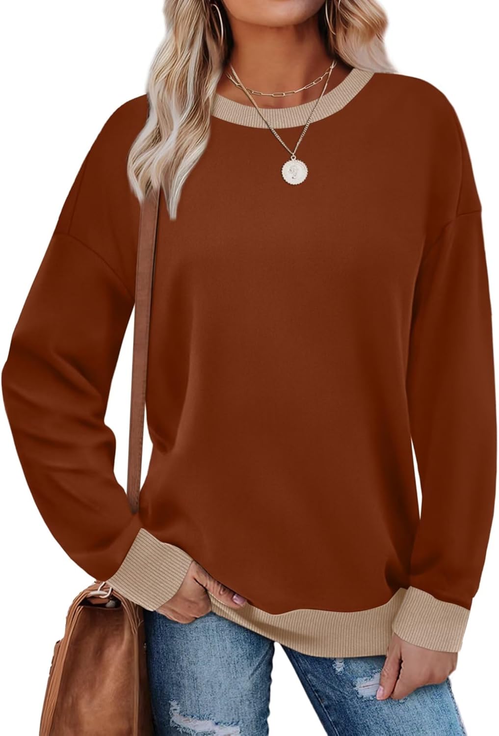 WIHOLL Sweatshirts for Women Crewneck Long Sleeve Loose Fit Sweaters Color Block Ribbed Trim Womens Tops Fall Fashion 2025
