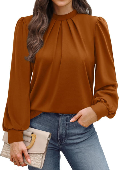 WIHOLL Long Sleeve Shirts for Women Mock Neck Tops Pleated Front Blouses Dressy Casual Fall Clothes 2025 Fashion