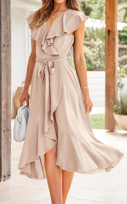 PRETTYGARDEN Women's 2025 Summer Cross Midi Dress Casual Boho Deep V Neck Short Sleeve Ruffle Hem Split Beach Long Dresses