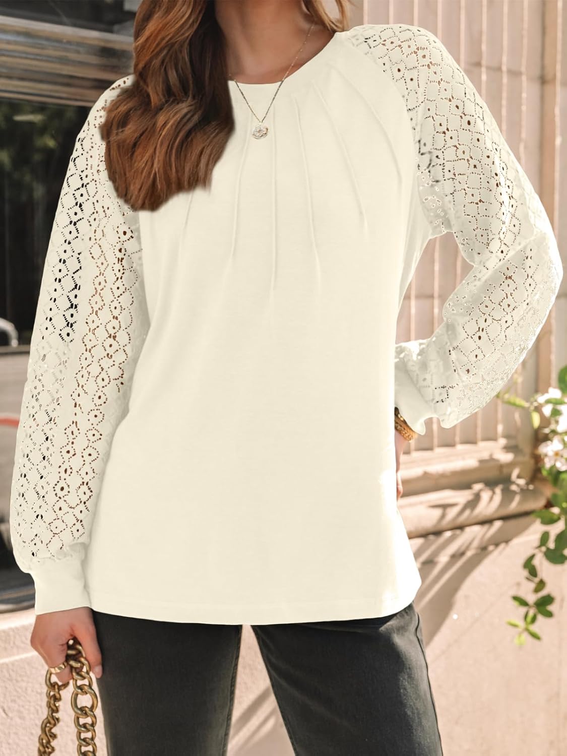 AUTOMET Womens Long Sleeve Shirts Pleated Lace Tops Fall Fashion Outfits Business Casual Blouses