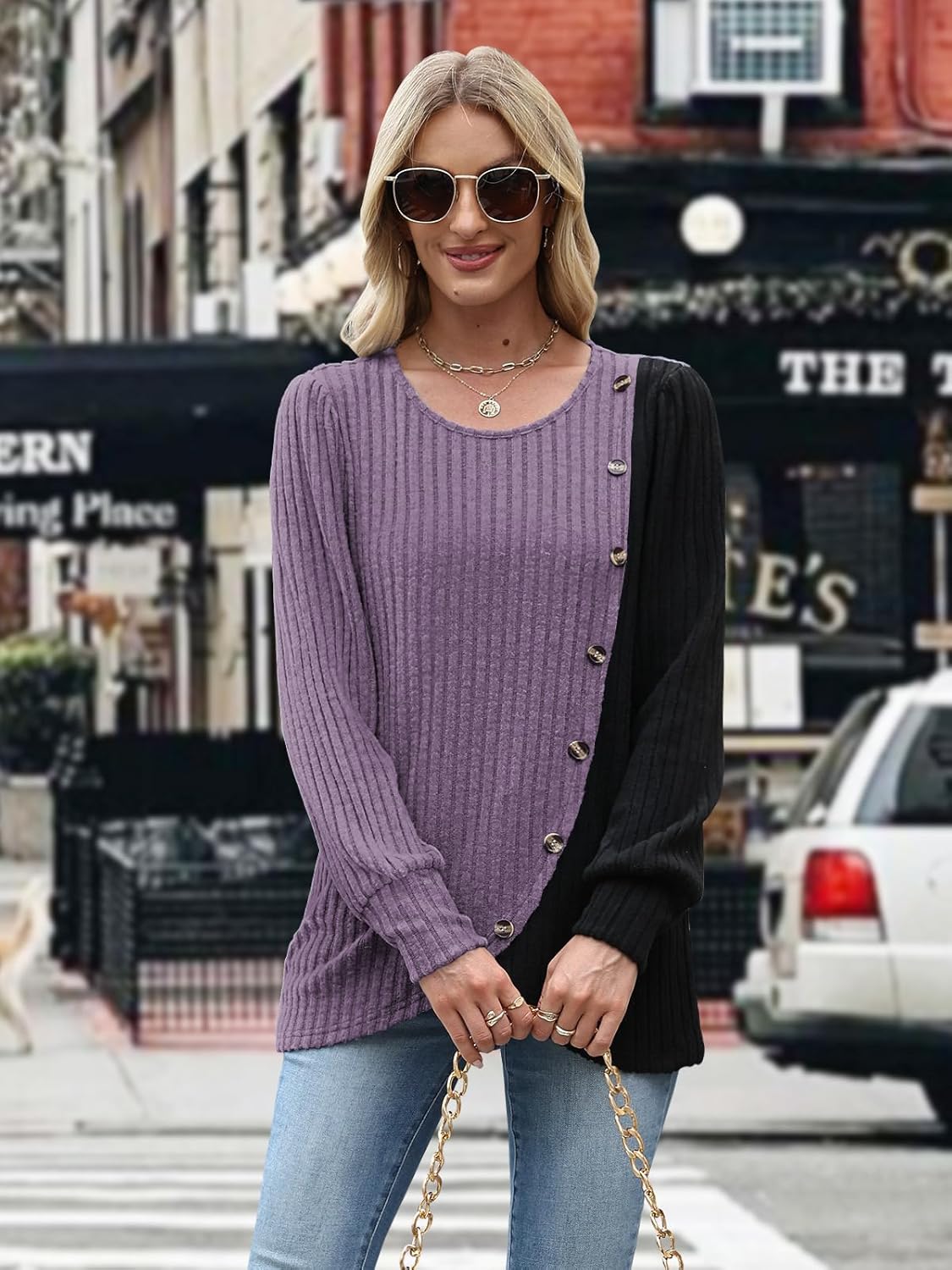 MixShe Womens Knit Sweaters 2025 Fall Winter Casual Long Sleeve Ribbed Colorblock Button Pullover Tops