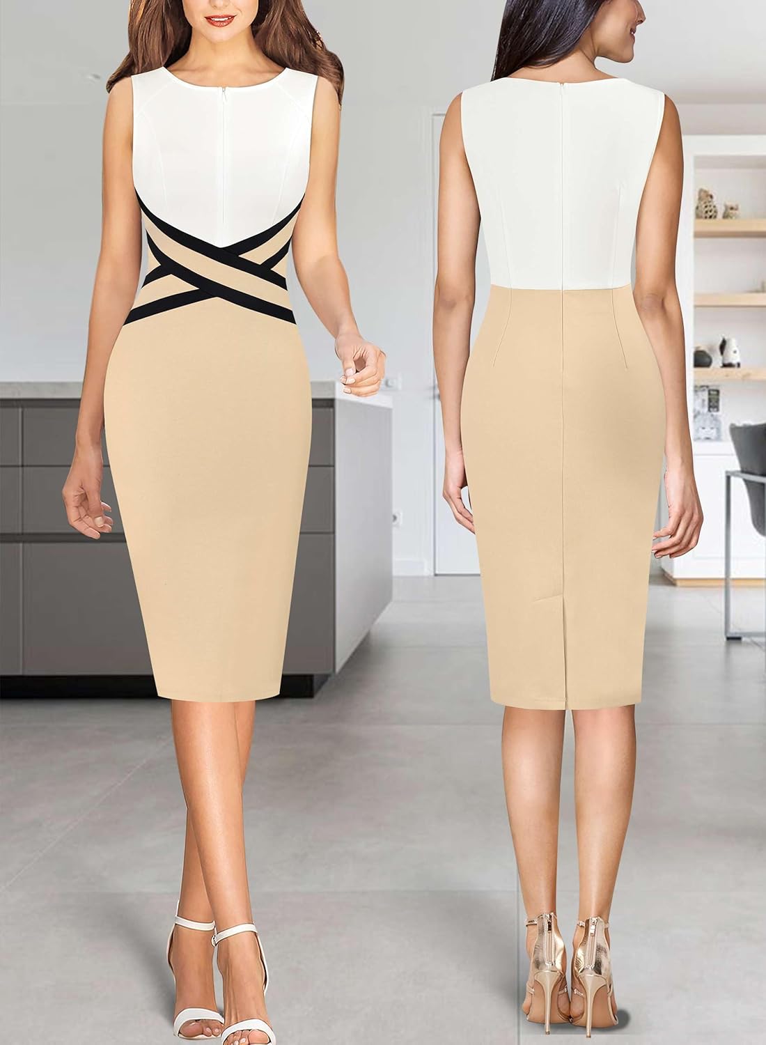 VFSHOW Womens Colorblock Patchwork Slim Front Zipper Work Business Office Party Bodycon Pencil Sheath Dress