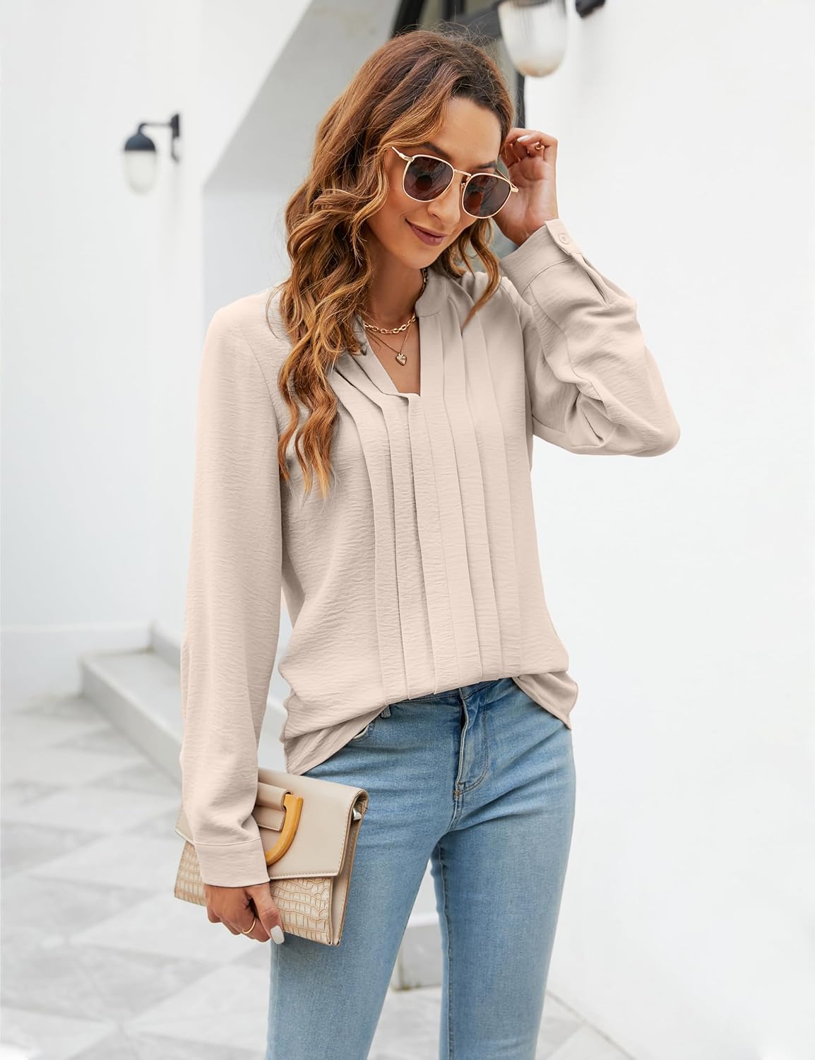 Blooming Jelly Women's Dressy Casual Blouses Business Work Tops Long Sleeve V Neck Pleated Shirts 2025 Fall Outfits