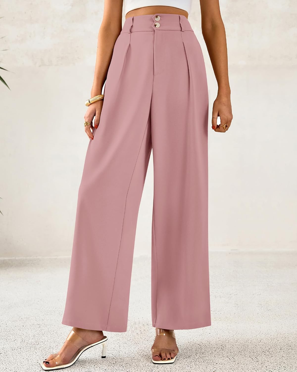 BTFBM Women Wide Leg Dress Pants 2025 High Waisted Button Pleated Business Casual Trousers Office Work Palazzo Pants