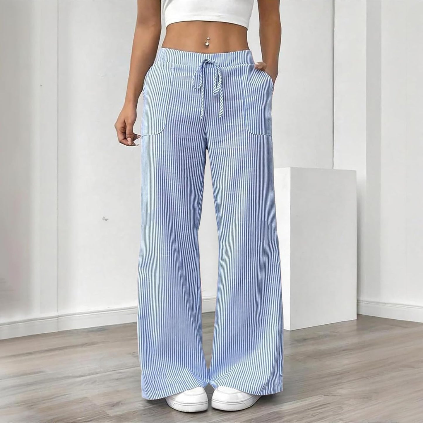 Women's Fashion Striped Cotton Linen Pants Casual Drawstring Waist Wide Leg Pants 2025 Trendy Baggy Beach Trousers