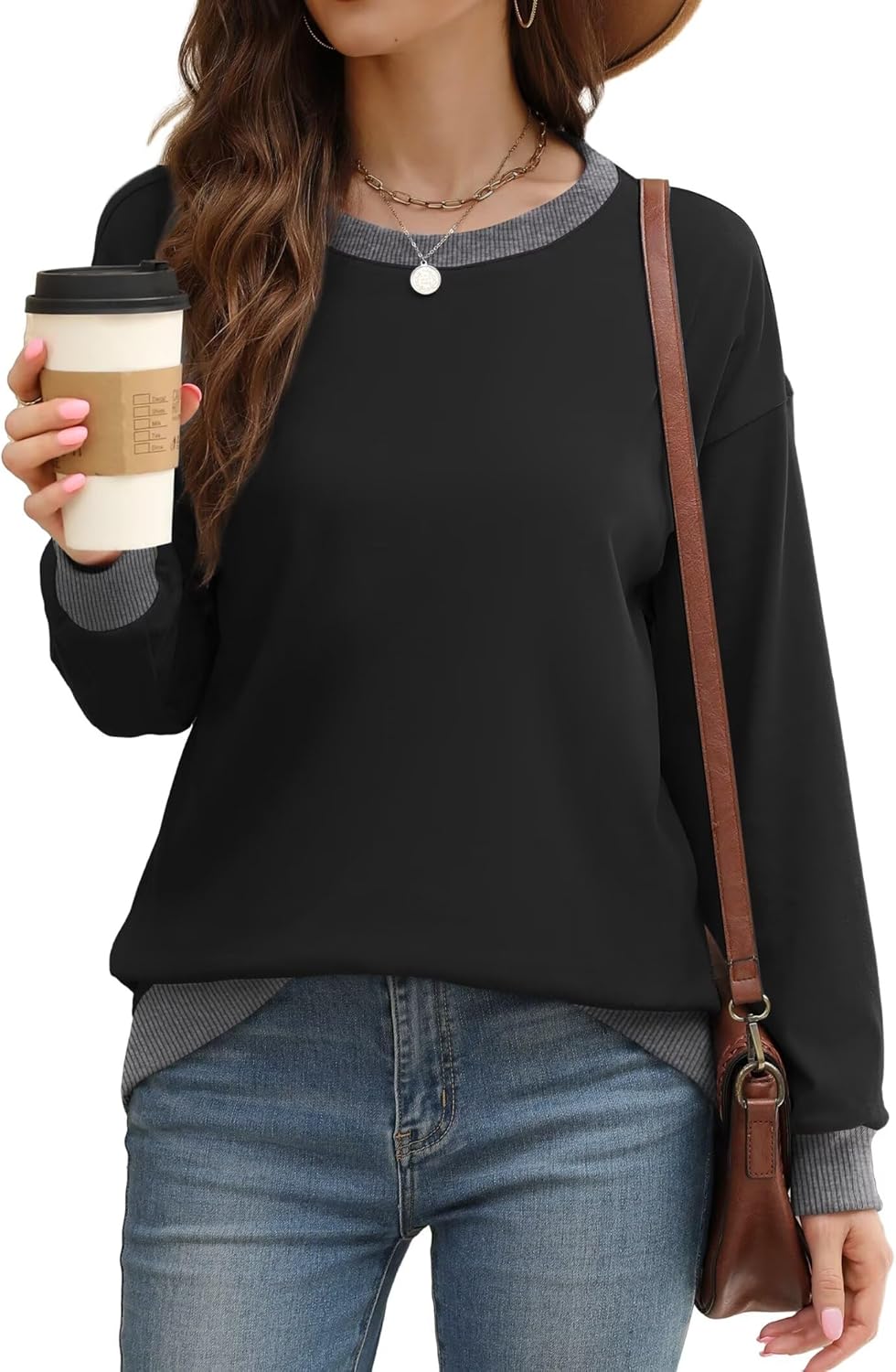 WIHOLL Sweatshirts for Women Crewneck Long Sleeve Loose Fit Sweaters Color Block Ribbed Trim Womens Tops Fall Fashion 2025
