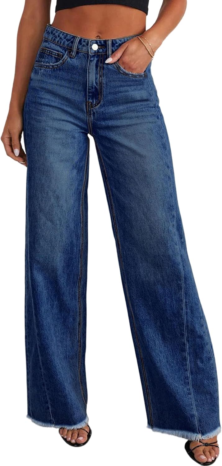 PRETTYGARDEN Wide Leg Jeans for Women Trendy 2025 High Waisted Stretchy Baggy Raw Hem Denim Palazzo Pants with Pockets