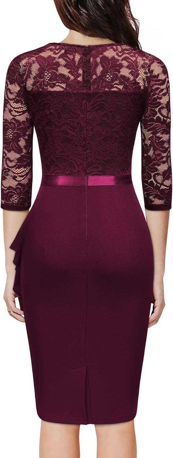 Miusol Women's Retro V Neck Floral Lace Ruffle Style Cocktail Party Dress