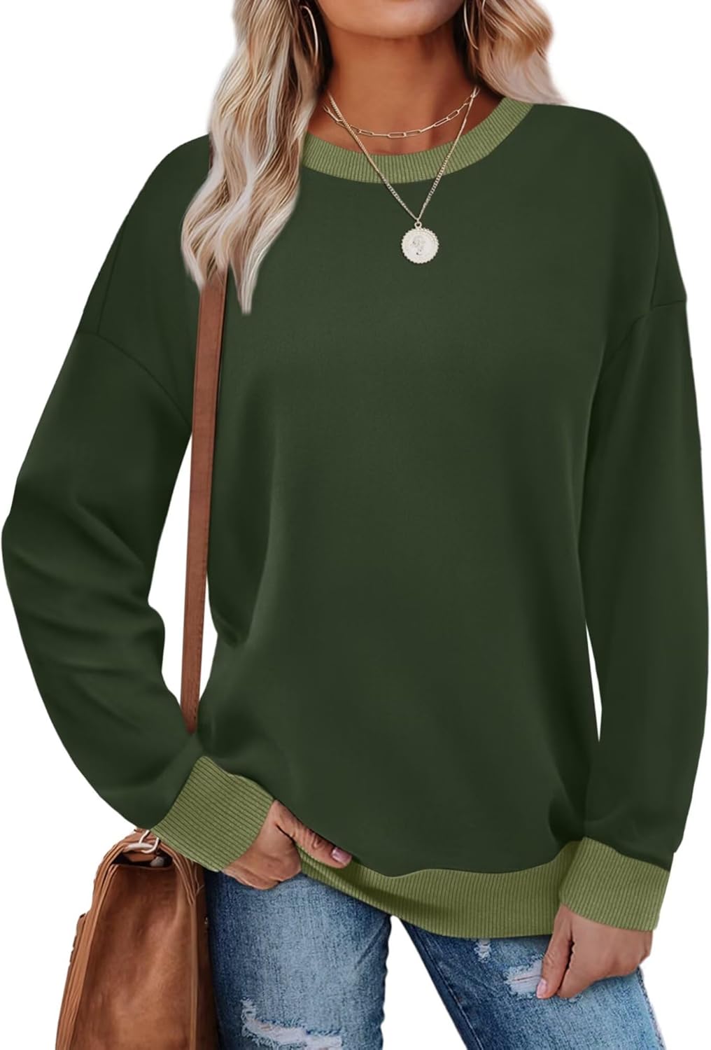 WIHOLL Sweatshirts for Women Crewneck Long Sleeve Loose Fit Sweaters Color Block Ribbed Trim Womens Tops Fall Fashion 2025
