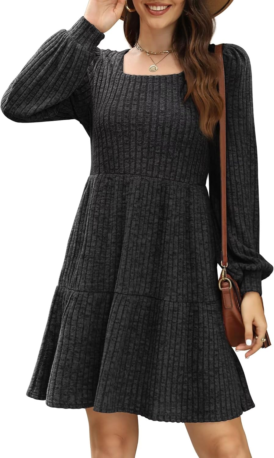 SAMPEEL Fall Dresses for Women 2025 Clothing Trendy Square Neck Long Sleeve A Line Sweater Dress with Pocket