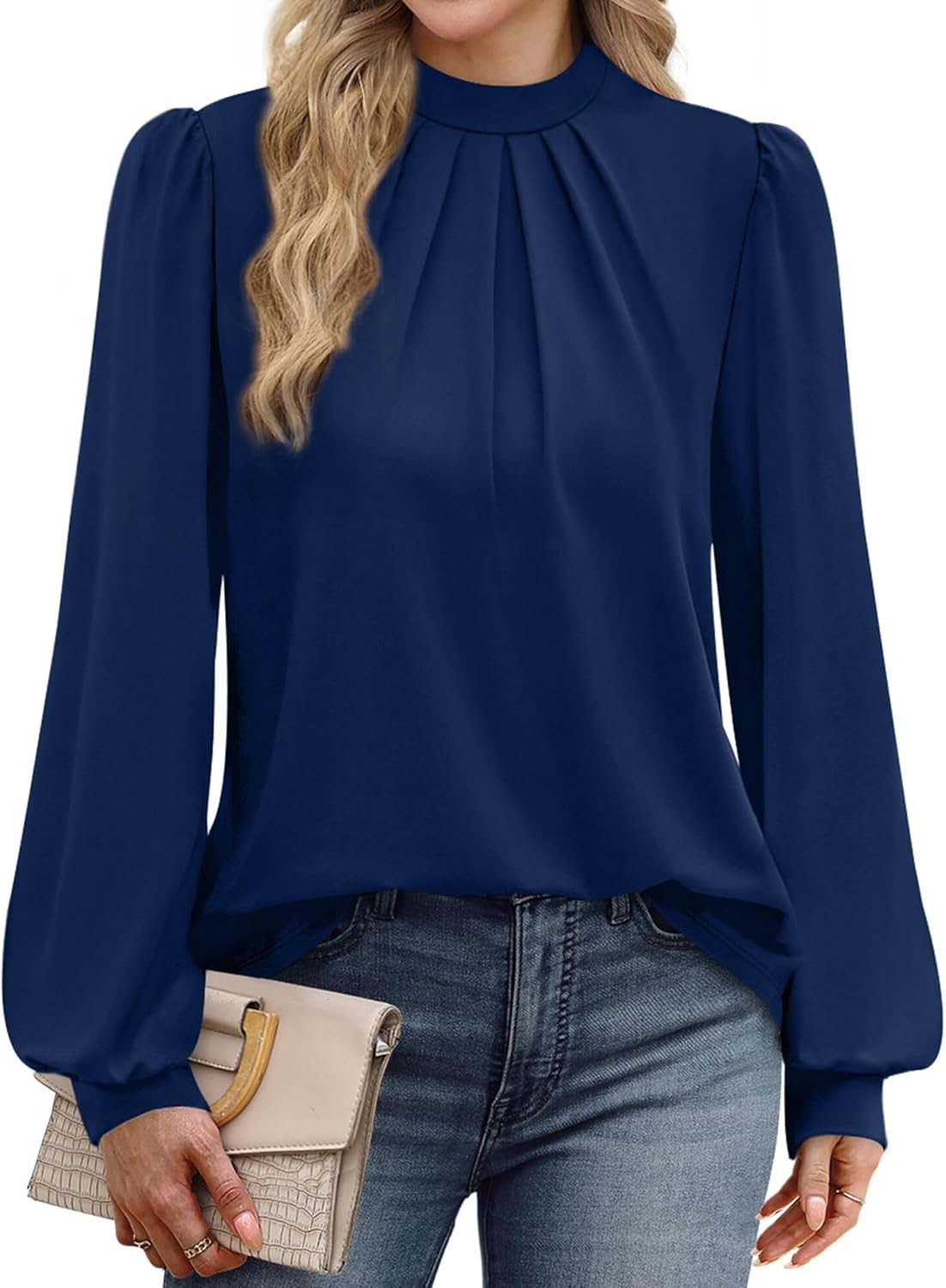 WIHOLL Long Sleeve Shirts for Women Mock Neck Tops Pleated Front Blouses Dressy Casual Fall Clothes 2025 Fashion