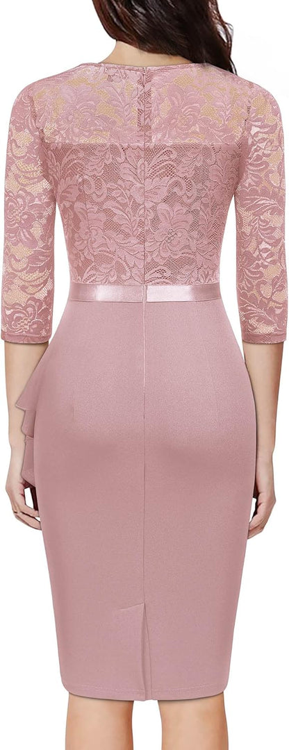 Miusol Women's Retro V Neck Floral Lace Ruffle Style Cocktail Party Dress