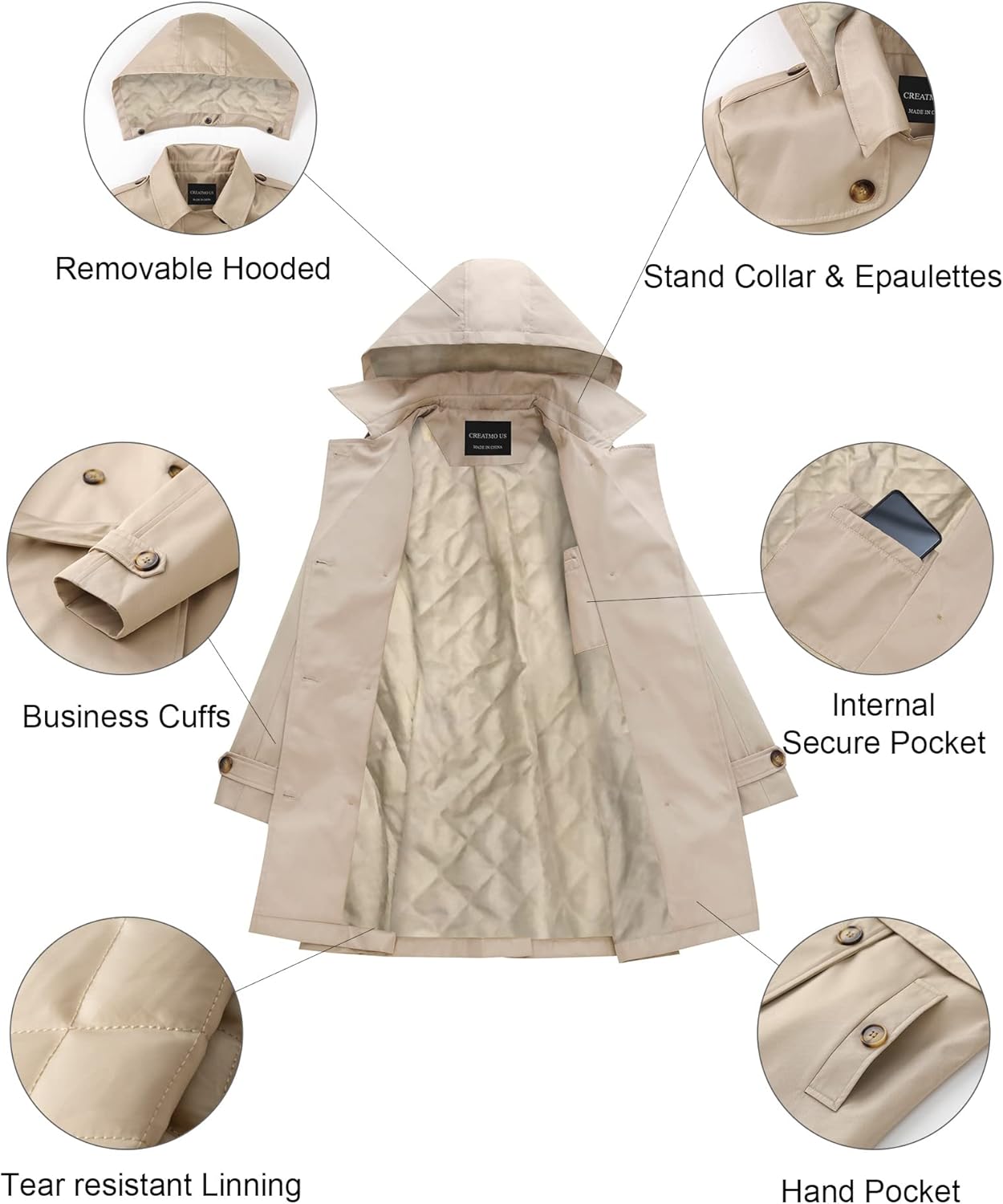 CREATMO US Women's Trench Coat Double-Breasted Classic Lapel Overcoat Belted Slim Outerwear Coat with Detachable Hood