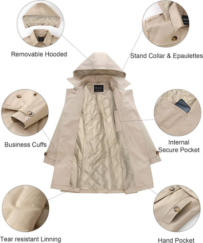 CREATMO US Women's Trench Coat Double-Breasted Classic Lapel Overcoat Belted Slim Outerwear Coat with Detachable Hood