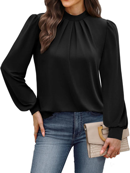 WIHOLL Long Sleeve Shirts for Women Mock Neck Tops Pleated Front Blouses Dressy Casual Fall Clothes 2025 Fashion