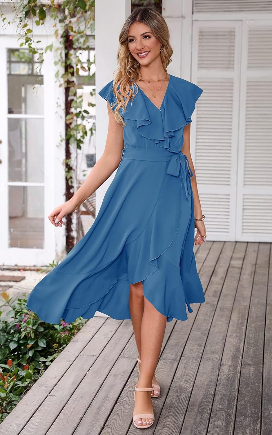 PRETTYGARDEN Women's 2025 Summer Cross Midi Dress Casual Boho Deep V Neck Short Sleeve Ruffle Hem Split Beach Long Dresses