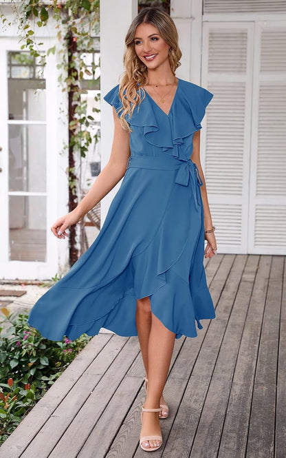 PRETTYGARDEN Women's 2025 Summer Cross Midi Dress Casual Boho Deep V Neck Short Sleeve Ruffle Hem Split Beach Long Dresses
