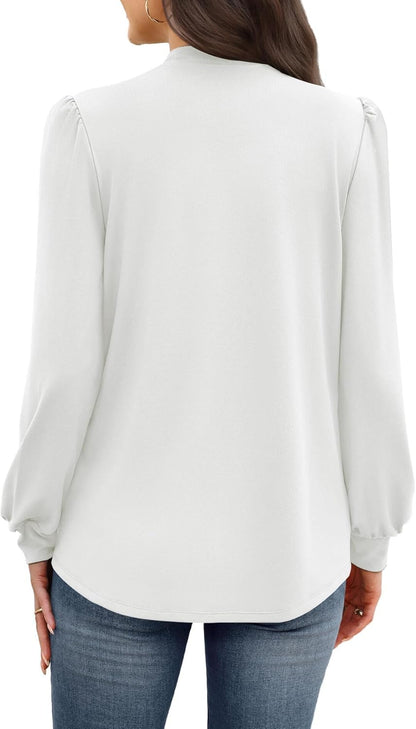 WIHOLL Long Sleeve Shirts for Women Mock Neck Tops Pleated Front Blouses Dressy Casual Fall Clothes 2025 Fashion