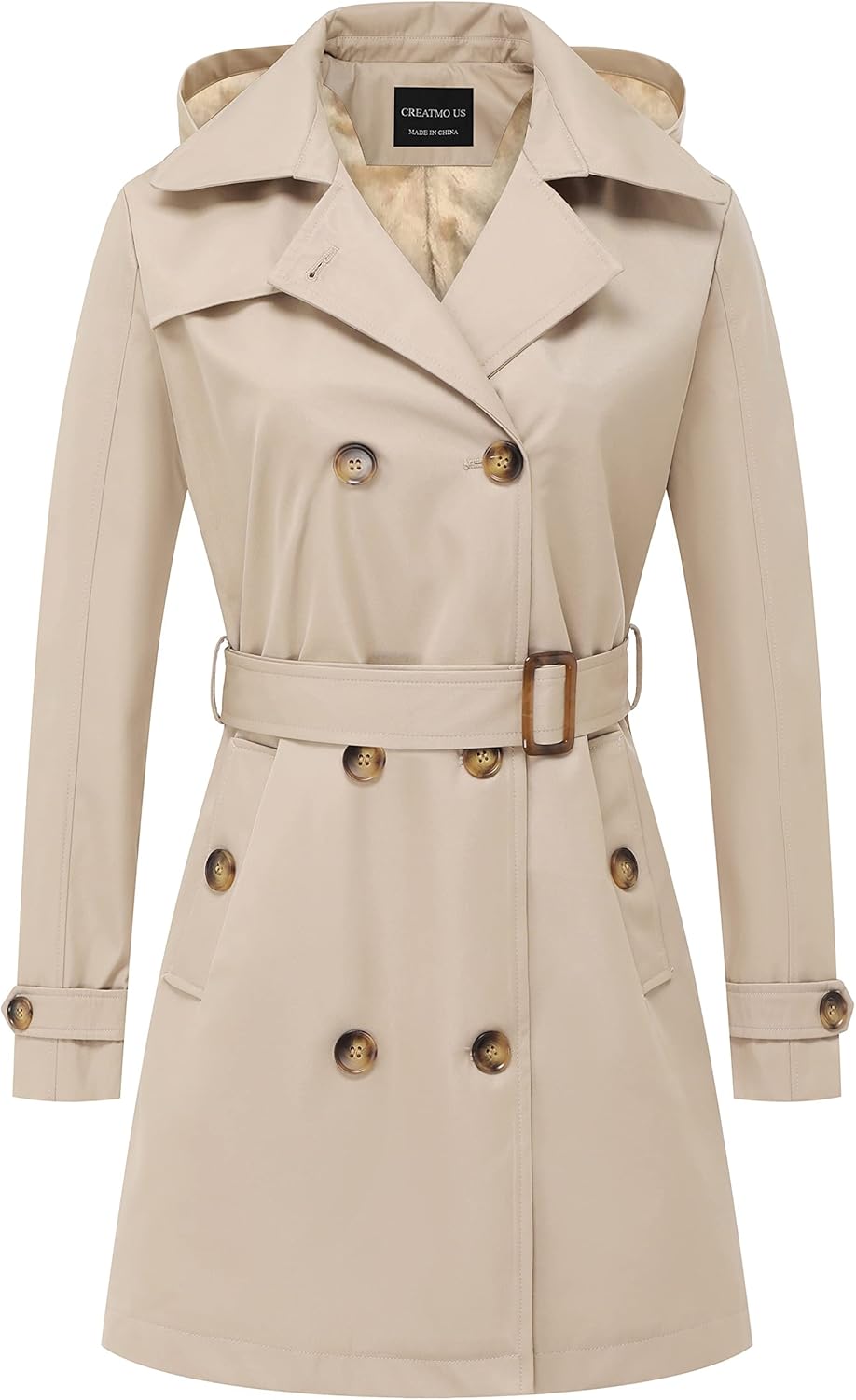 CREATMO US Women's Trench Coat Double-Breasted Classic Lapel Overcoat Belted Slim Outerwear Coat with Detachable Hood