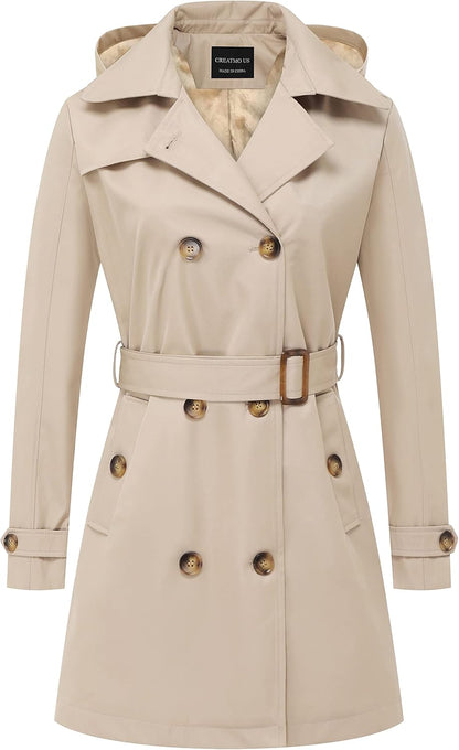 CREATMO US Women's Trench Coat Double-Breasted Classic Lapel Overcoat Belted Slim Outerwear Coat with Detachable Hood