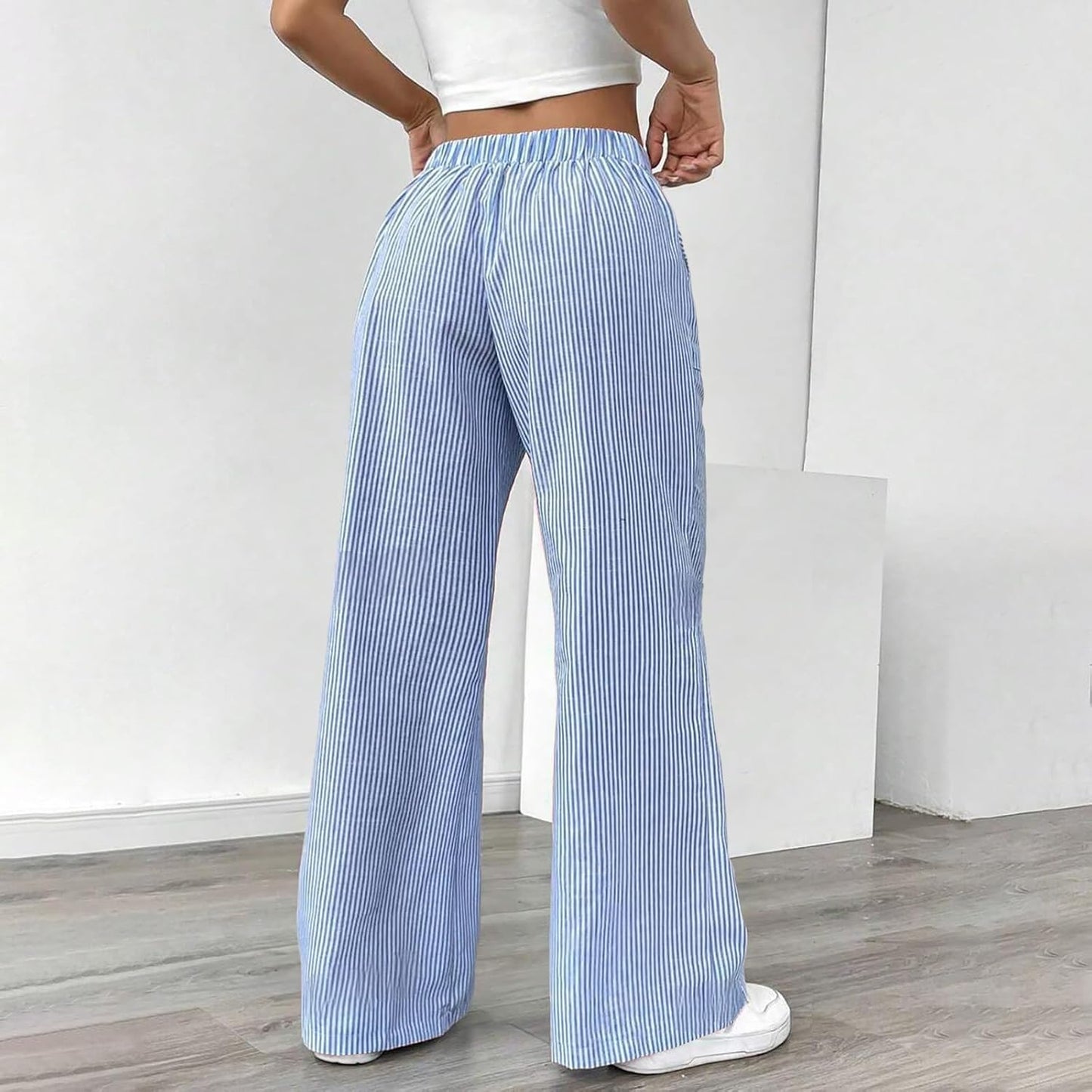Women's Fashion Striped Cotton Linen Pants Casual Drawstring Waist Wide Leg Pants 2025 Trendy Baggy Beach Trousers