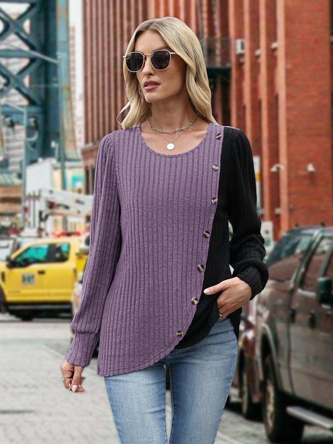 MixShe Womens Knit Sweaters 2025 Fall Winter Casual Long Sleeve Ribbed Colorblock Button Pullover Tops