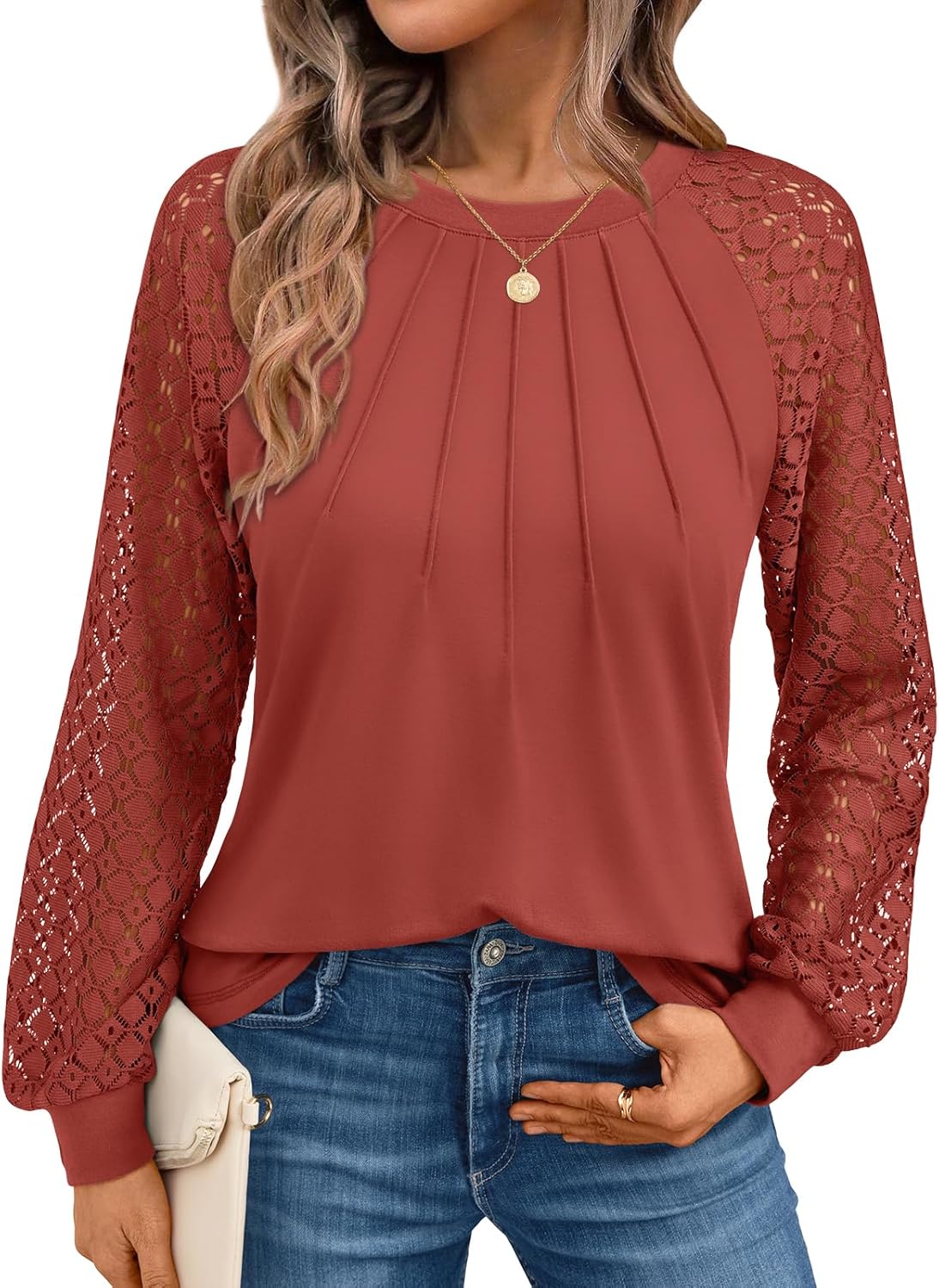 AUTOMET Womens Long Sleeve Shirts Pleated Lace Tops Fall Fashion Outfits Business Casual Blouses